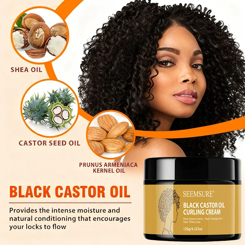 Black Castor Oil Curl Cream Intense Moisture & Frizz Control Defining Cream for Damaged Hair 120g