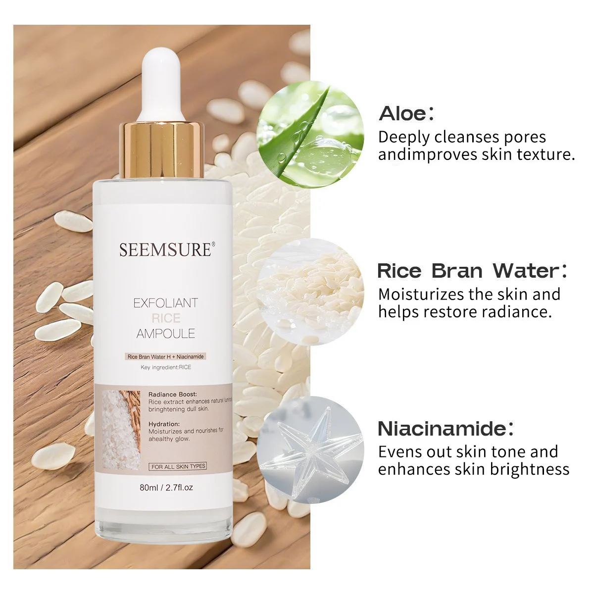 Rice Ampoule Exfoliant 80ml Hydrating Brightening Face Serum with Rice Bran & Niacinamide